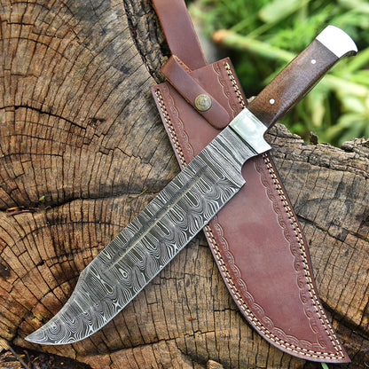 Artisan Handmade Forged Damascus Steel Hunting Bowie Knife Wood Handle