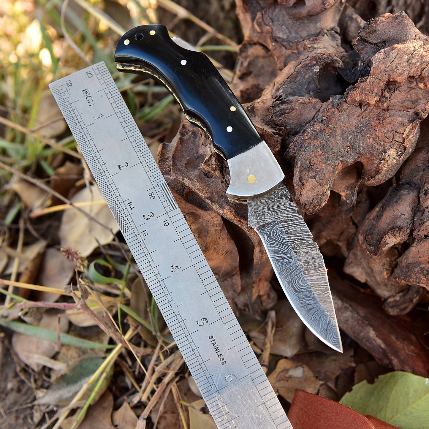 Handmade Damascus Back Lock Folding Pocket  Camping Knife Wood Handle
