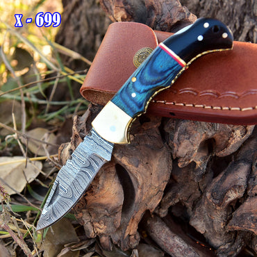 Custom Handmade Damascus Steel Folding Pocket Knife Wood Resin Handle