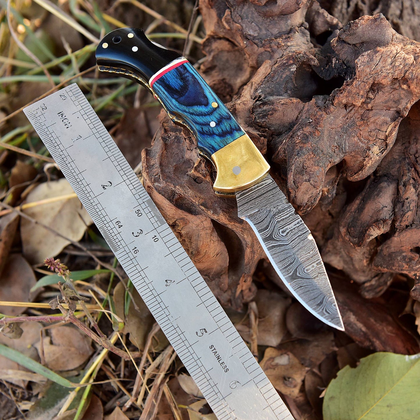 Custom Handmade Damascus Steel Folding Pocket Knife Wood Resin Handle