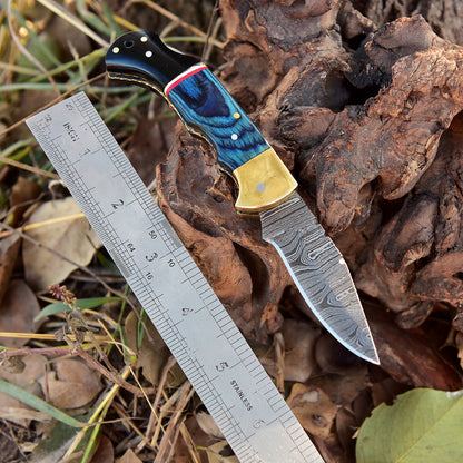 Custom Handmade Damascus Steel Folding Pocket Knife Wood Resin Handle