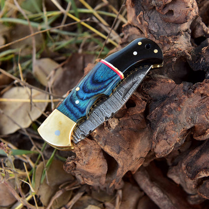 Custom Handmade Damascus Steel Folding Pocket Knife Wood Resin Handle