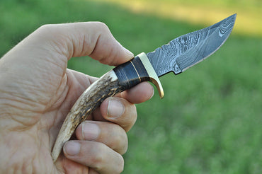 Miniature Knife Damascus Steel Fixed Blade Skinner Stag Antler Handle with Sheath