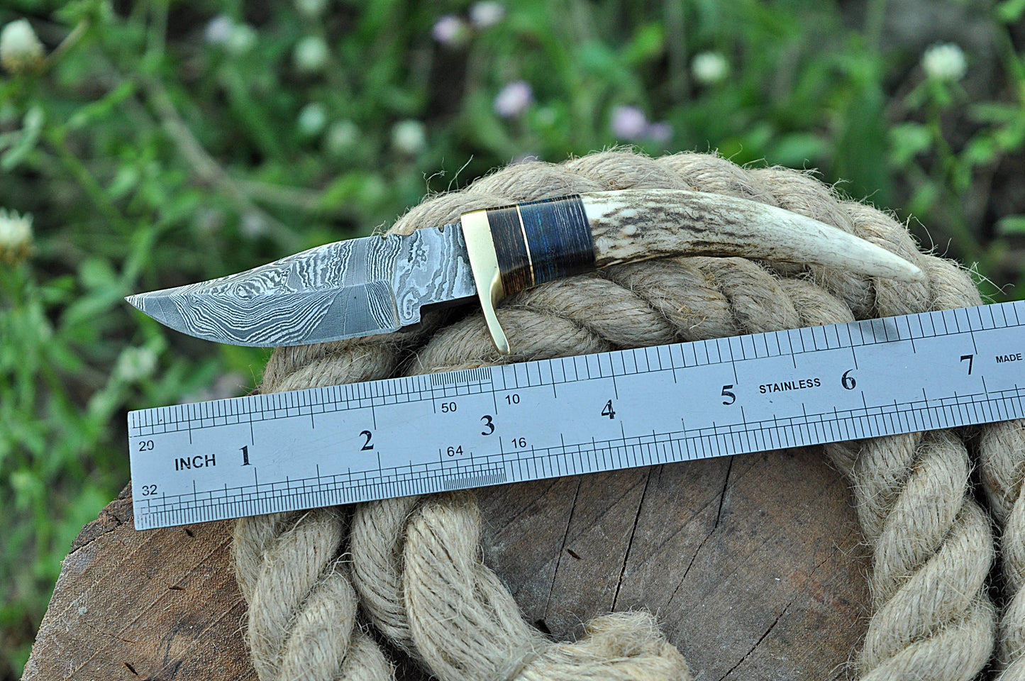 Miniature Knife Damascus Steel Fixed Blade Skinner Stag Antler Handle with Sheath