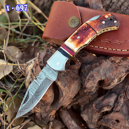 Handmade EDC  Damascus Steel Folding Pocket Knife Stage Handle With Sheath
