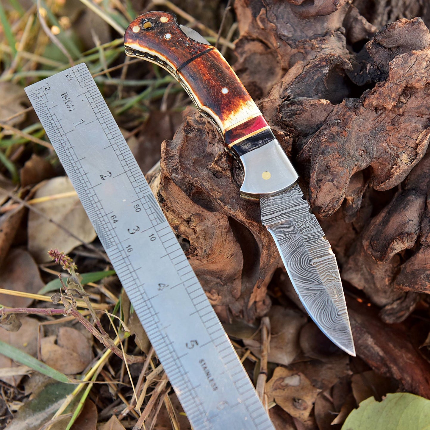 Handmade EDC  Damascus Steel Folding Pocket Knife Stage Handle With Sheath
