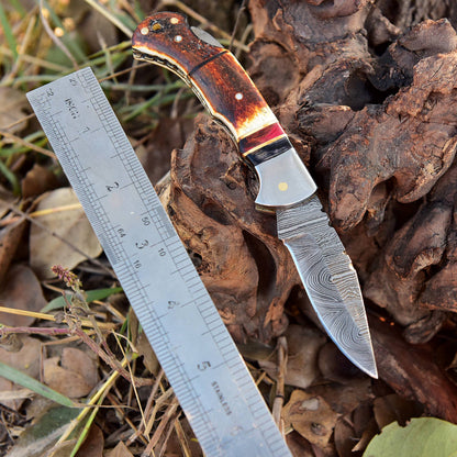 Handmade EDC  Damascus Steel Folding Pocket Knife Stage Handle With Sheath
