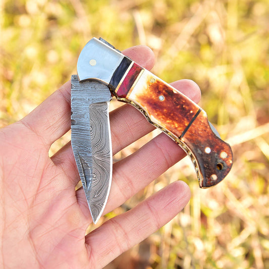 Handmade EDC  Damascus Steel Folding Pocket Knife Stage Handle With Sheath
