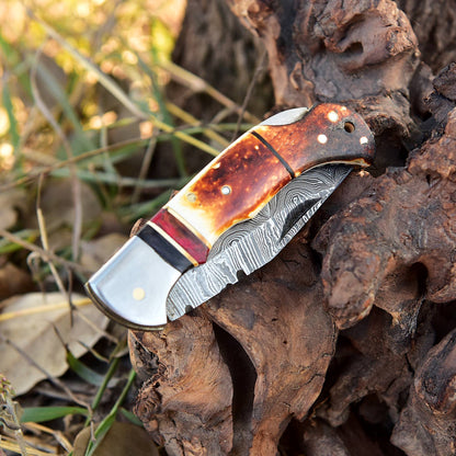 Handmade EDC  Damascus Steel Folding Pocket Knife Stage Handle With Sheath
