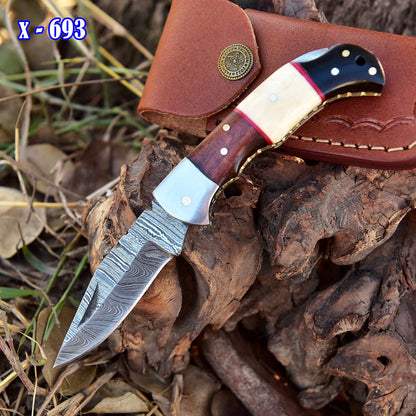 Handmade EDC Damascus Pocket Knife Wood Resin Camel Bone Handle