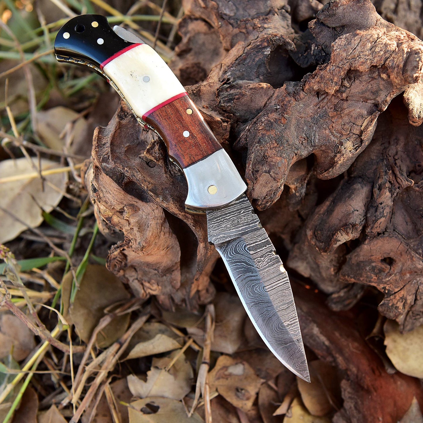 Handmade EDC Damascus Pocket Knife Wood Resin Camel Bone Handle