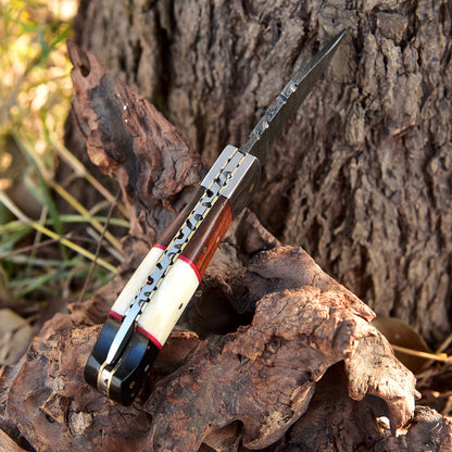 Handmade EDC Damascus Pocket Knife Wood Resin Camel Bone Handle