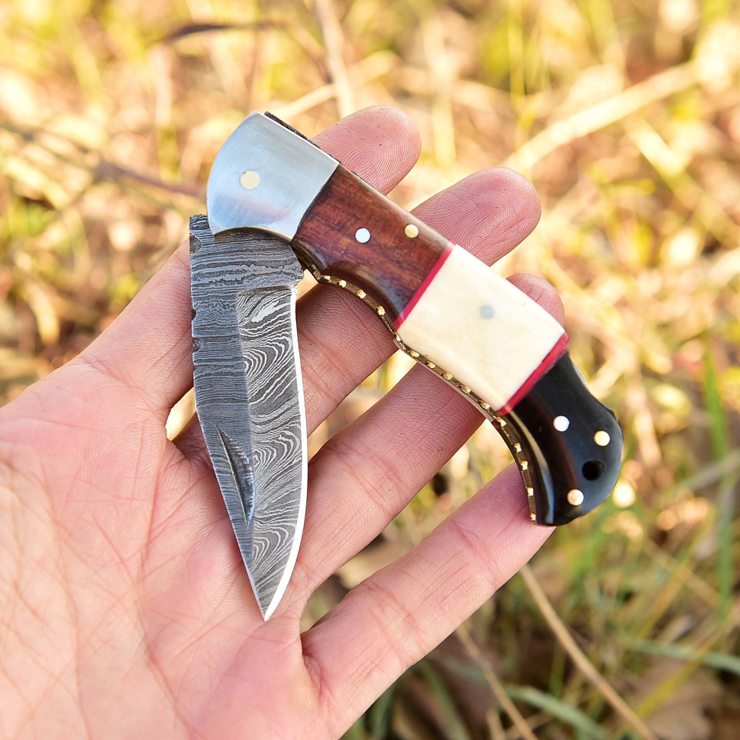 Handmade EDC Damascus Pocket Knife Wood Resin Camel Bone Handle