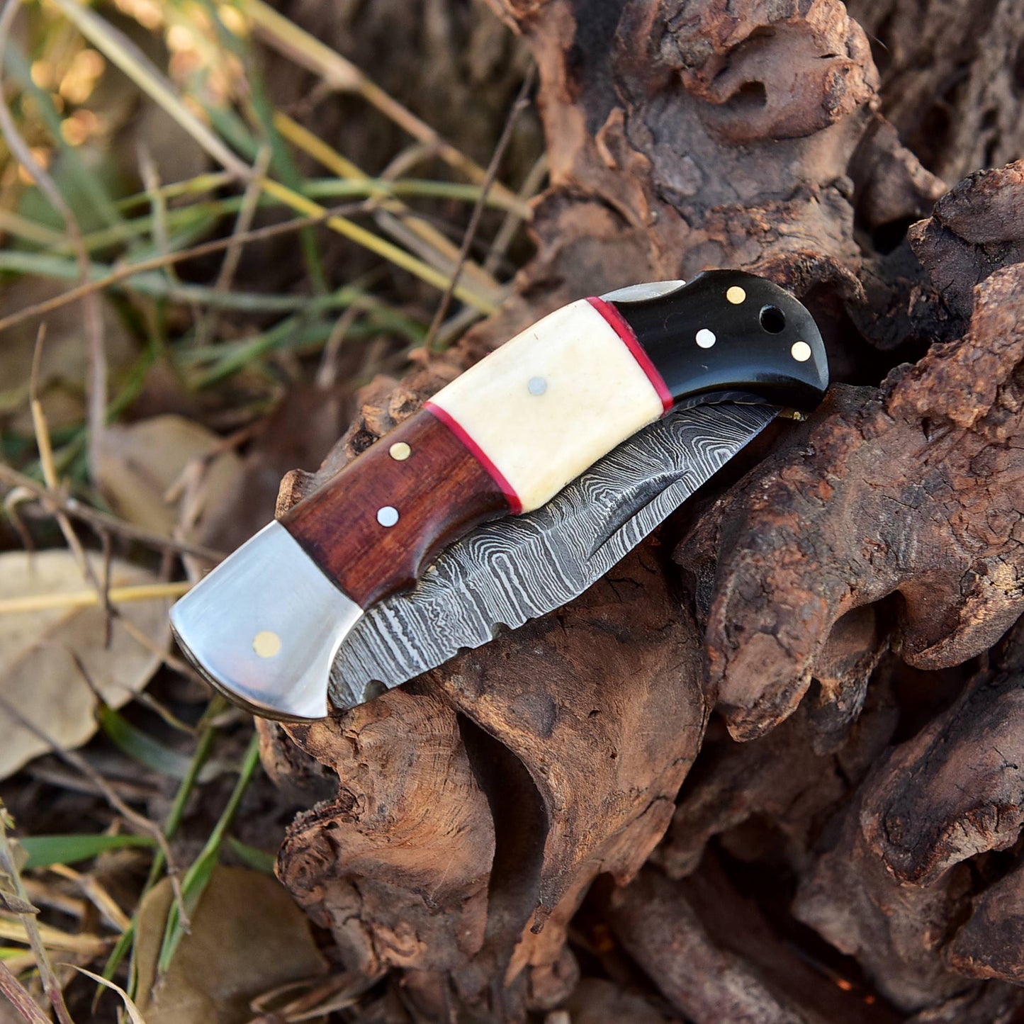 Handmade EDC Damascus Pocket Knife Wood Resin Camel Bone Handle