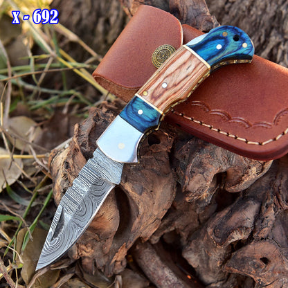 Outdoor Adventure Handmade EDC Damascus Steel Folding Pocket Knife