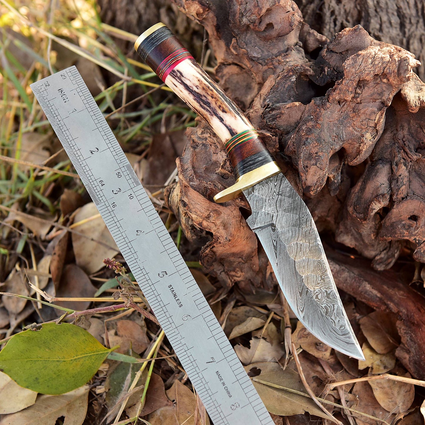 Custom Handmade Damascus Steel Blade Camping Skinner Knife Stage Handle