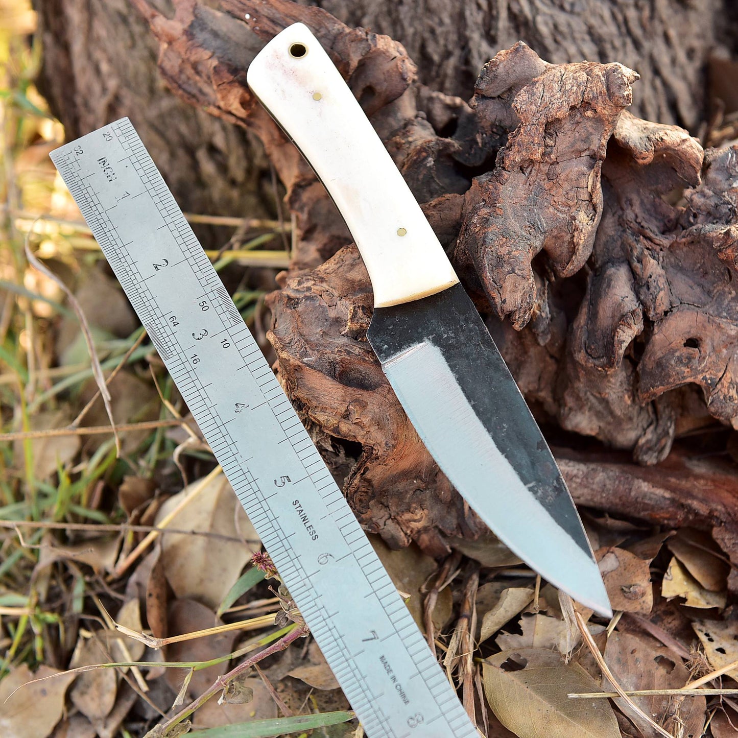 Handmade High-End Carbon 1095 Steel Fixed Blade Skinner Camel Bone Handle