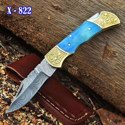 Handmade Damascus Steel Folding Pocket Knife Camel Bone Handle With Sheath