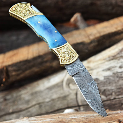 Handmade Damascus Steel Folding Pocket Knife Camel Bone Handle With Sheath