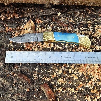 Handmade Damascus Steel Folding Pocket Knife Camel Bone Handle With Sheath