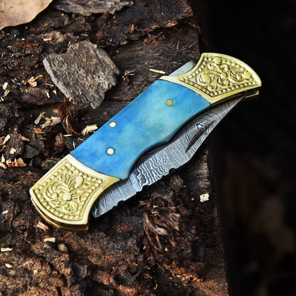 Handmade Damascus Steel Folding Pocket Knife Camel Bone Handle With Sheath