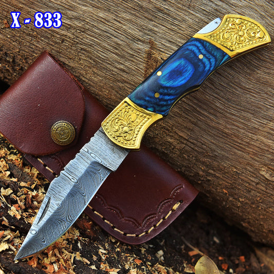 Custom Hand Made Damascus Steel Folding Knife-Engraved Brass Bolster Blue PakkaWood Handle