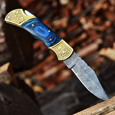 Custom Hand Made Damascus Steel Folding Knife-Engraved Brass Bolster Blue PakkaWood Handle