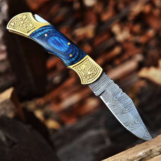 Custom Damascus Steel Folding Outdoor Pocket Knife EDC With Sheath