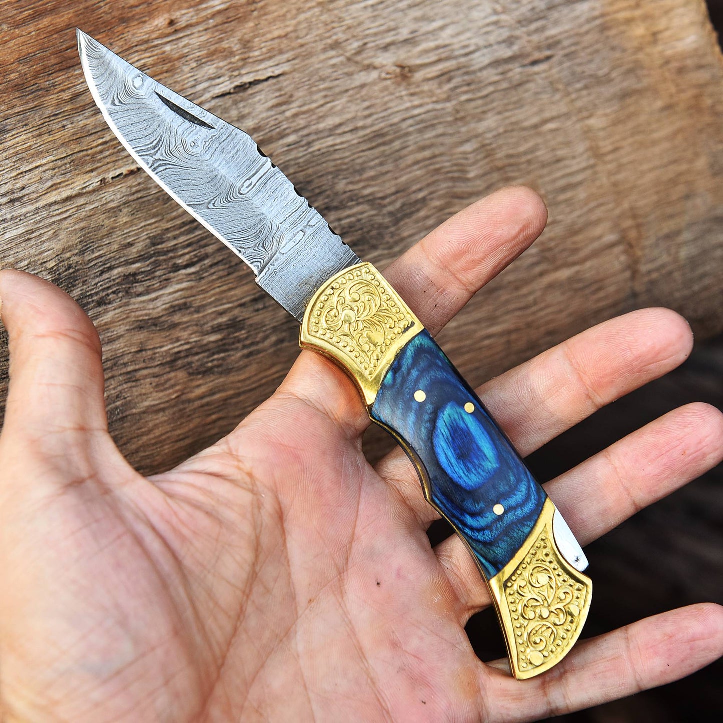 Custom Damascus Steel Folding Outdoor Pocket Knife EDC With Sheath