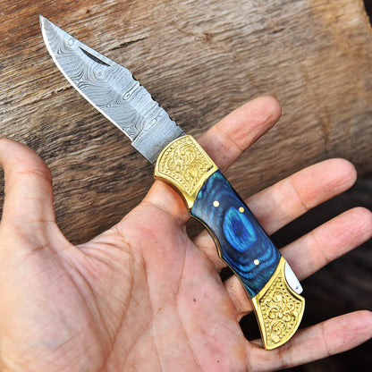 Custom Damascus Steel Folding Outdoor Pocket Knife EDC With Sheath