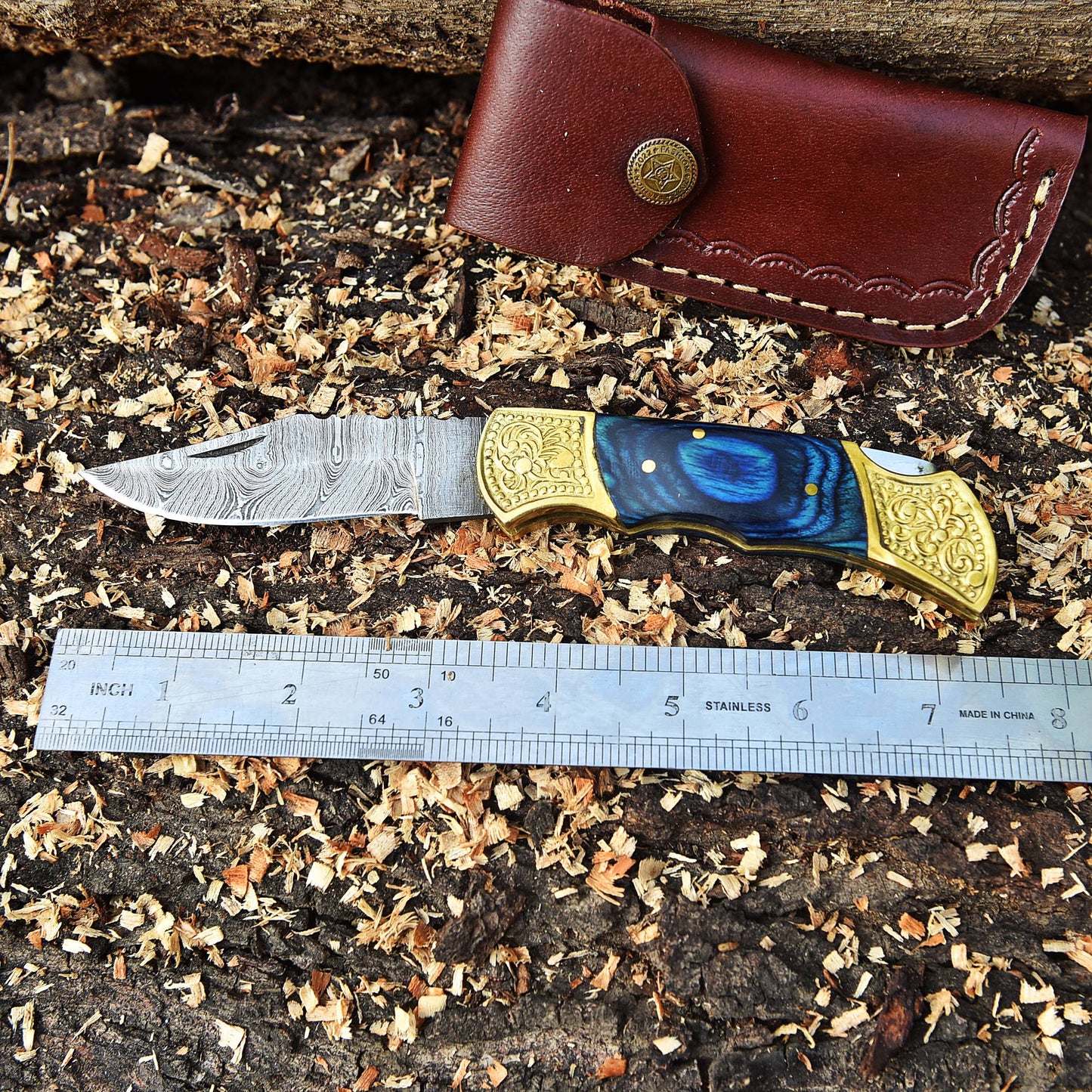 Custom Damascus Steel Folding Outdoor Pocket Knife EDC With Sheath