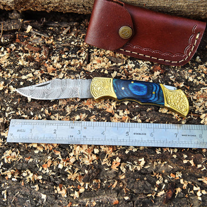 Custom Damascus Steel Folding Outdoor Pocket Knife EDC With Sheath