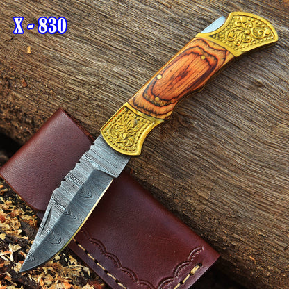 Handmade Damascus Folding Pocket Camping Hiking Bushcraft Knife