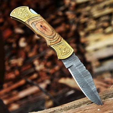 Custom Handmade Damascus Steel VG10 Pocket knife-Wood Handle Engrave Bolster