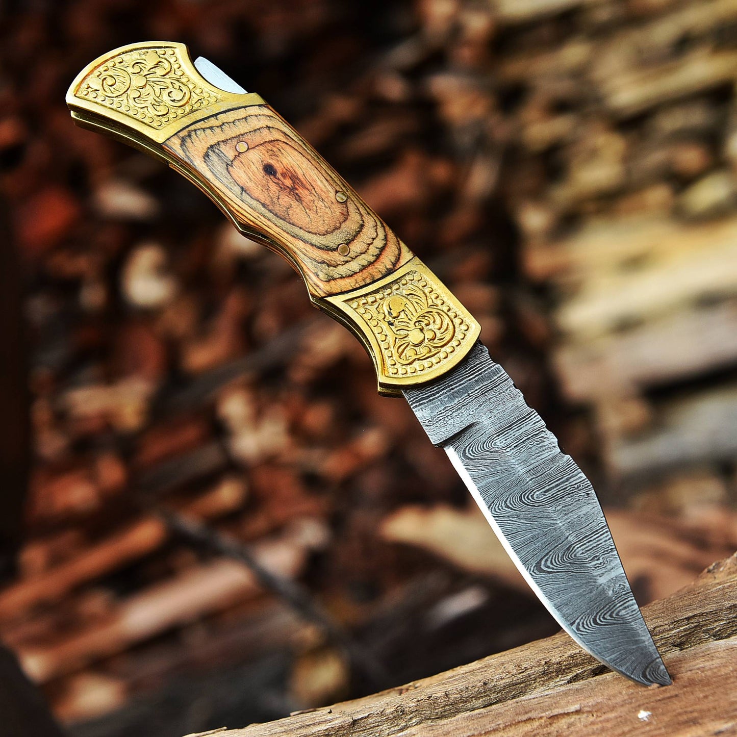 Handmade Damascus Folding Pocket Camping Hiking Bushcraft Knife