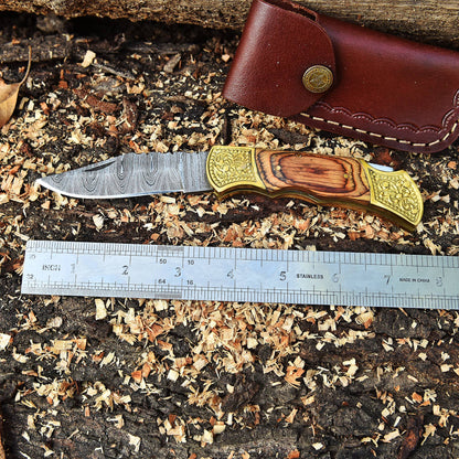 Handmade Damascus Folding Pocket Camping Hiking Bushcraft Knife