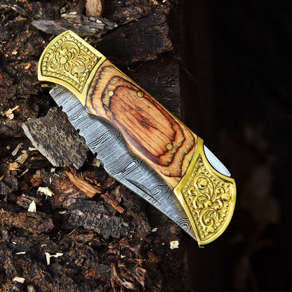 Custom Handmade Damascus Steel VG10 Pocket knife-Wood Handle Engrave Bolster