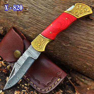 Custom Hand Forged Damascus Steel Folding Blade Pocket Knife- PakkaWood Handle