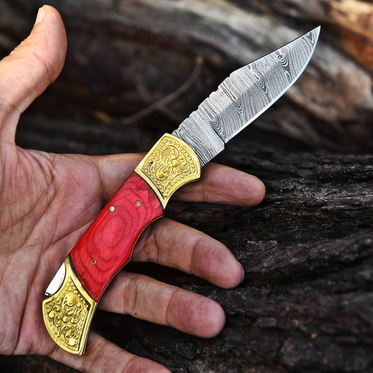 Custom Hand Forged Damascus Steel Folding Blade Pocket Knife- PakkaWood Handle