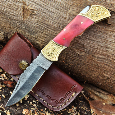 Damascus Knife Forged Steel Folding Blade Pocket Carry-Pink Colored Bone Handle