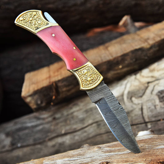 Damascus Knife Forged Steel Folding Blade Pocket Carry-Pink Colored Bone Handle