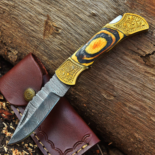 Handmade Damascus Steel Folding Blade Pocket Knife Wood-Engraved Brass Handle