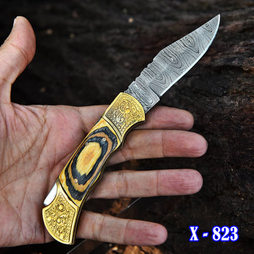 Handmade Damascus Steel Folding Blade Pocket Knife Wood-Engraved Brass Handle