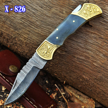 Handmade Damascus Steel Folding Blade Pocket Knife-Gray Bone Handle