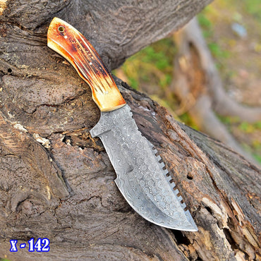 10”Custom Hand Made Forged Damascus Steel Tracker Hunting Camping Knife Bone Handle