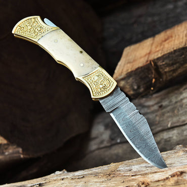 Handmade Damascus Folding Knife Hiking Gift Knife Camel Bone Handle