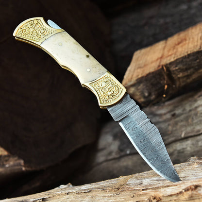 Handmade Damascus Folding Knife Hiking Gift Knife Camel Bone Handle