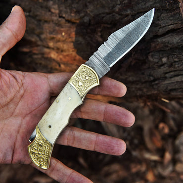 Handmade Damascus knife Folding Blade Pocket - Natural Bone Handle