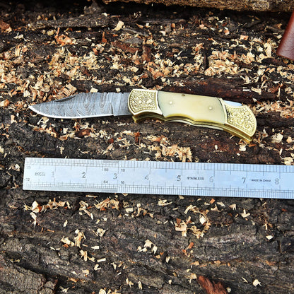 Handmade Damascus Folding Knife Hiking Gift Knife Camel Bone Handle