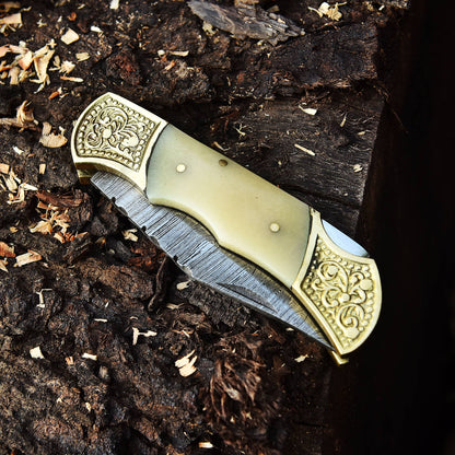 Handmade Damascus Folding Knife Hiking Gift Knife Camel Bone Handle